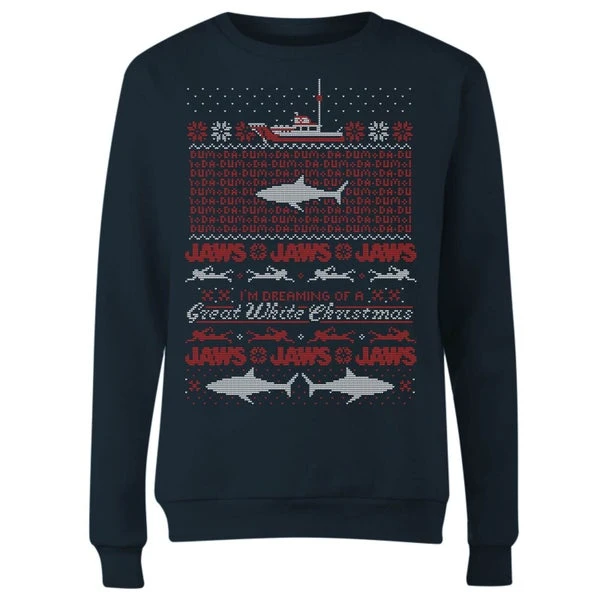 Jaws Great White Christmas Women's Christmas Jumper - Navy 3 Jaws Great White Christmas Women's Christmas Jumper - Navy