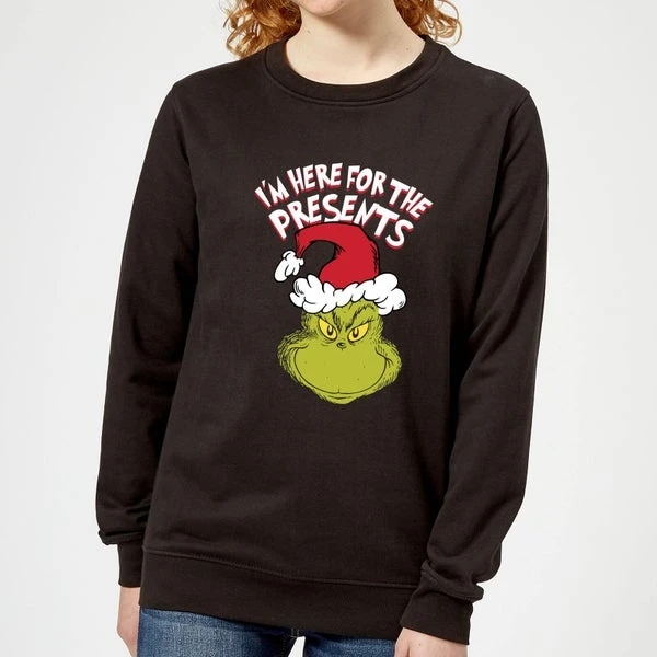 Dr. Seuss The Grinch Im Here For The Presents Women's Christmas Jumper - Black 3 Dr. Seuss The Grinch Im Here For The Presents Women's Christmas Jumper - Black