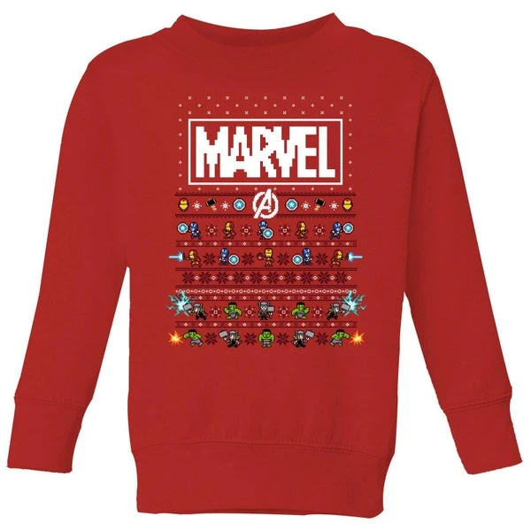 Marvel Avengers Pixel Art Kids Christmas Jumper - Red 3 Marvel Avengers Pixel Art Kids Christmas Jumper - Red