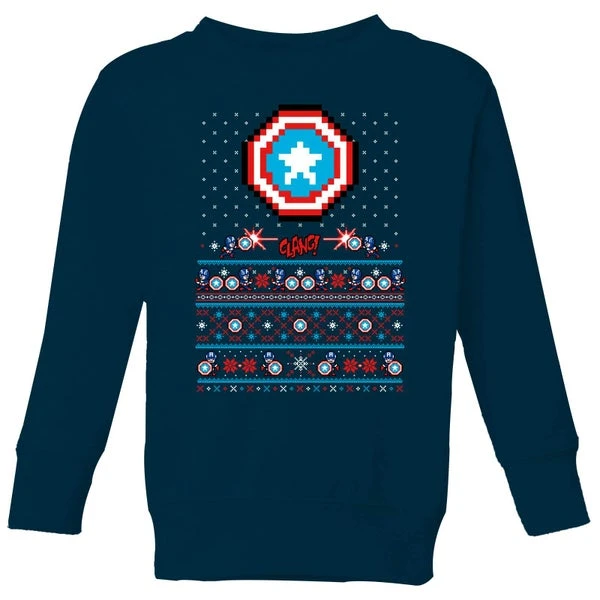 Marvel Avengers Captain America Pixel Art Kids Christmas Jumper - Navy 3 Marvel Avengers Captain America Pixel Art Kids Christmas Jumper - Navy
