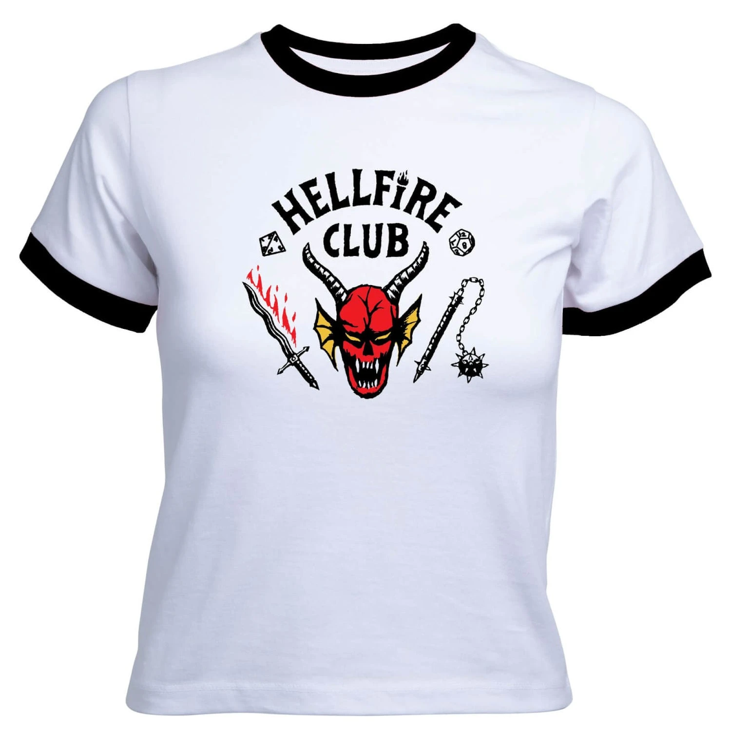 Stranger Things Hellfire Club Women's Cropped Ringer T-Shirt - White Black 3 Stranger Things Hellfire Club Women's Cropped Ringer T-Shirt - White Black
